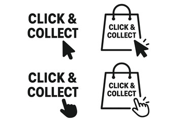 Poster - Click and collect icon. Online shopping concept. E-commerce service. Buy online, pick up at store. Internet order. Web button. Mouse cursor. Hand pointer. Shopping bag symbol.