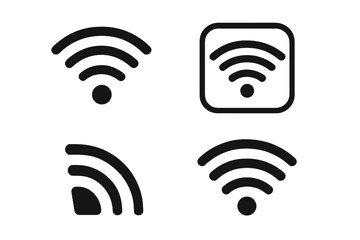 Poster - Set of 4 black wifi icons. Wireless internet signal strength symbol collection. Wi-fi connection zone pictogram for ui ux web design. Vector hotspot network signs isolated.