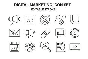 Poster - Digital marketing thin line icon set. SEO, advertising, social media and content strategy symbols. Editable stroke vector for business, web, promotion and lead generation.