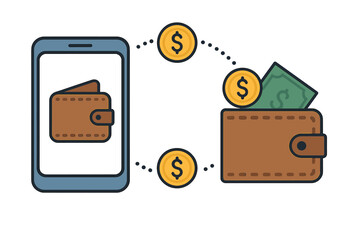 Poster - Digital wallet transaction illustration. Sending and receiving money via smartphone app. Online payment concept. Mobile banking and fintech technology for capital flow and savings.