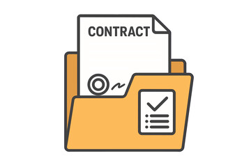 Poster - Contract document in a folder. Signed agreement with stamp and signature. Checklist icon for task completion. Business paperwork, legal document, financial deal concept vector.