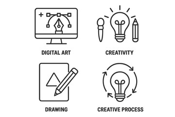 Poster - Graphic design line icon set. Creativity, idea, inspiration, drawing, and creative process symbols. Digital art and designer tools vector pictogram collection for web and apps.