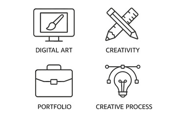 Poster - Graphic design icon set. Line art symbols. Digital art, creativity, tools, drawing, portfolio, creative process. Web, mobile app ui ux vector pictogram collection.