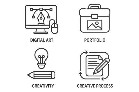Graphic design icons. Digital art. Creative process. Portfolio. Creativity idea. Web design pictogram. Line symbol collection. Vector illustration set. Drawing tool. Mobile app ui.