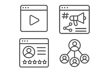 Poster - Set of media and web icons in thin line style. Concepts for social media marketing, user profile rating, video content, and business network structure for web and mobile apps.