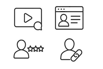 Poster - Web and media icon set. Line style icons for user interface design. Video content, user profile page, customer star rating and review, referral link connection symbol.