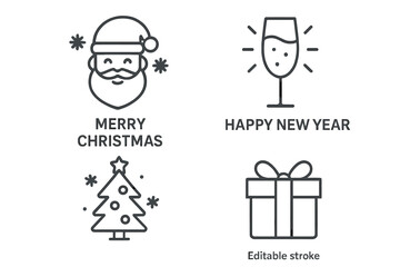 Poster - Christmas and New Year line icon set. Santa, gift box, champagne, Xmas tree. Vector editable stroke symbols for web, mobile app, UI, UX design, winter holiday celebration.