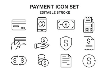 Poster - Payment icon set with editable stroke. Business and finance thin line icons for banking, money transaction, e-commerce, mobile pay, credit card, cash, invoice vector.