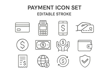 Poster - Payment icon set with editable stroke. Business and finance thin line icon collection for mobile banking, online shopping, credit card transaction, currency and wallet.