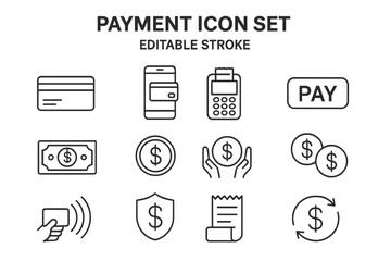 Poster - Payment method icon set with editable stroke. Thin line symbols for finance & business. Vector signs for money, credit card, mobile banking, POS & contactless transaction.