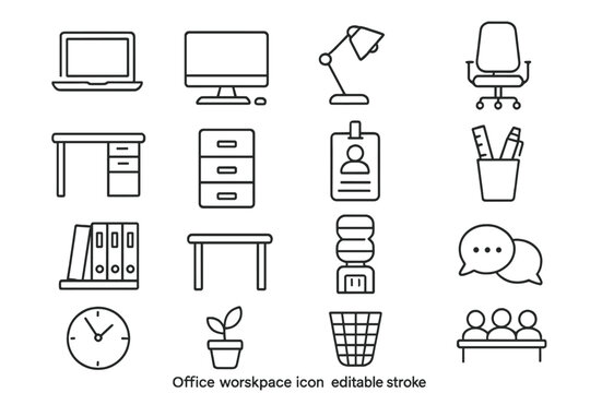 Office workspace and coworking thin line icon set. Business workplace equipment and furniture collection. Vector linear symbols with editable stroke for web and mobile ui.