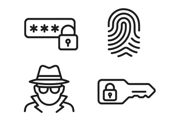 Poster - Cyber Security Line Icons Set. Password Protection, Biometric Fingerprint, Spy Hacker, Secure Key. Internet Privacy, Data Encryption, Online Safety. Web and Mobile App Security Symbols