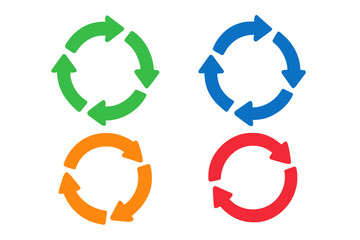 Poster - Set of 4 colorful arrows rotation circle icons, recycling flat vector symbols, 4 arrow pictogram refresh reload loop signs, vibrant circular arrow icon set, eco friendly