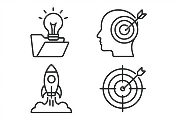 Poster - Startup Business Concept Icons Set. Line Style Vector. Innovation, Creative Idea, Target, Goal, Rocket Launch, Project Development, Success, Vision, Strategy, Web App Design