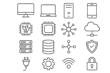 Poster - Modern Technology Icon Set – Editable Stroke, Thin Line Computer, Network, Cloud, Security, Server, Database, Mobile, Chip, WiFi, Gear, Lock Vector Collection