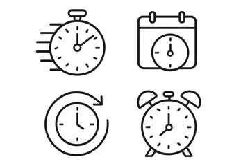 Poster - Minimalist Time and Clock Icon Set – Stopwatch, Calendar, Countdown, Alarm, Timer, Speed, Recovery, Line Style Web Symbols for Time Management and Scheduling Concepts