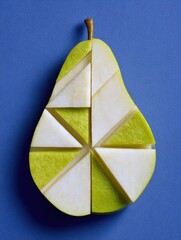 Poster - Geometric Tiles of a Pear Slice Against a Blue Background Showcasing Unique Shapes and Textures