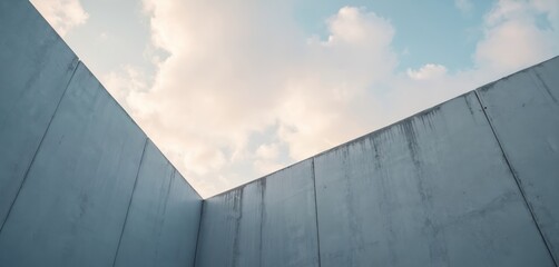 Poster - Low angle view of a concrete wall against a partly cloudy sky. Geometric lines and textures of the minimalist structure create abstract shapes with light and shadow play.