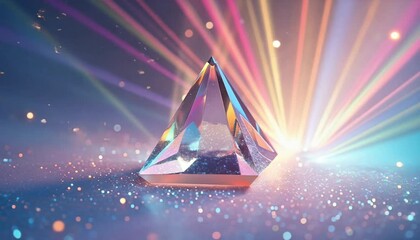 Poster - Sparkling Geometric Pyramid with Colorful Light Rays and Glittering Particles Animation