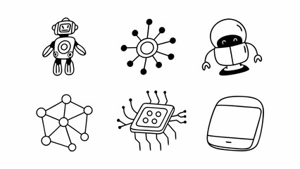 Fototapete - Charming hand-drawn style elements show robots, technology and network graphics, ideal for enhancing digital interfaces and creative technology projects or adding a touch of whimsy to websites.