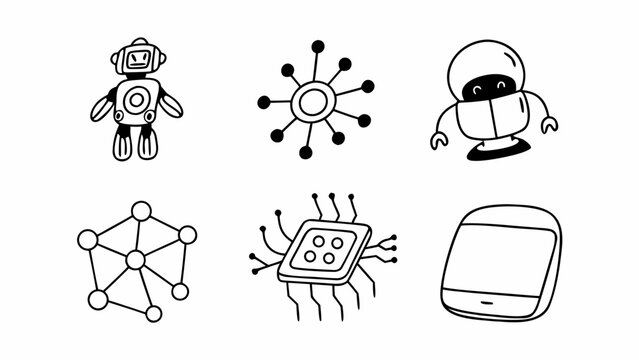 Charming hand-drawn style elements show robots, technology and network graphics, ideal for enhancing digital interfaces and creative technology projects or adding a touch of whimsy to websites.