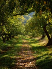 Aufkleber - Morning Light Filters Through an Apple Orchard Path Adorned With Colorful Falling Leaves