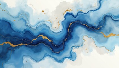 Poster - Abstract marbled ink illustration featuring fluid watercolor swirls in shades of deep blue, light aqua. Elegant gold painted lines, shimmering gold accents add luxurious touch, evoking sense of