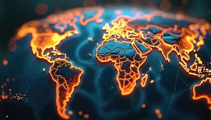 Leinwandbilder - Map of world with connected countries and continents. Grid pattern represents oceans and landmasses. Orange and black colors on light beige background. Visual guide to planet geography and layout.
