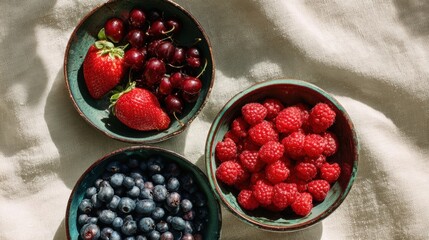 Poster - Colorful Berries Arranged in Ceramic Bowls on a Soft Linen Tablecloth Inviting a Fresh and Vibrant Atmosphere