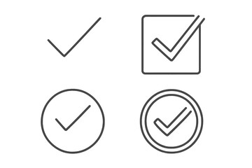 Poster - Check mark icon set with editable stroke. Approve, correct, and validation symbols. Thin line vector art collection of ticks in squares, circles, and buttons. Isolated.