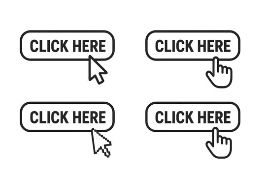 Click here button set with hand and mouse arrow cursor pointers. Call to action web buttons for website UI and UX design. Press or push modern linear outline vector icons.
