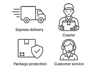 Poster - Delivery logistics icon set. Line icons for web, mobile app. Express shipping, courier, package protection, customer support. Vector for e-commerce, business, ui, ux.