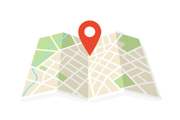 Poster - Folded Paper City Map with Red Location Pin. Navigation and Geolocation Concept. GPS Route Finder. Urban Map with Point Marker. City Guide. Wayfinding. Travel Destination. Navigation Symbol.