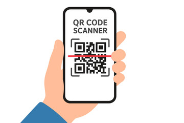 Poster - Hand Holding Smartphone Scanning QR Code with Barcode Reader App. Contactless Payment, Mobile Banking, Online Shopping, Cashless Transaction, Digital Wallet Concept Illustration