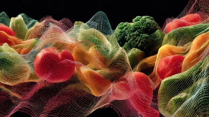 Poster - Dynamic Wave of Colorful Vegetables in High-Tech Motion With a Clear Center Zone Showcasing Vibrant Details