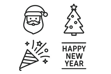 Poster - Christmas and New Year Line Icons Set. Santa Claus, Christmas Tree, Party Popper, Happy New Year Text. Winter Holiday Celebration, Festive Event, Web and Mobile App Design Elements