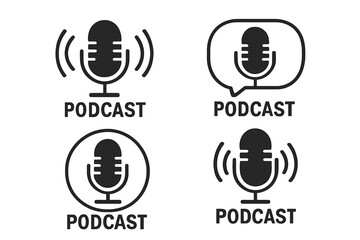 Poster - Podcast microphone icon set. Four radio podcast icons for audio blog, webcast, webinar, online training, radio show. Flat vector symbol for audio recording, streaming, broadcasting