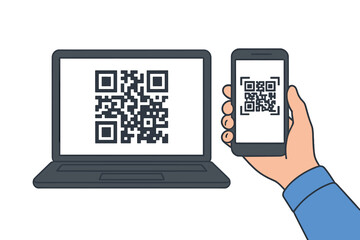 Poster - QR code scanning technology. Hand holding smartphone scans QR code on laptop screen. Barcode verification, digital authentication, contactless access, secure machine-readable code