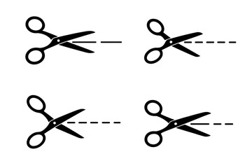 Poster - Set of 4 black scissors with cutting lines, vector illustration, transparent background, sharp cutting tools, office supplies, scissors icons, cutting action, silhouette symbols