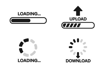 Poster - Loading Bar Icons Set. Upload Download Progress Bars. Circular and Linear Loading Indicators. Website UI Elements. Vector Illustration for Web and App Design. Black and White Icons.
