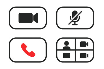 Poster - Video Call and Conference Icons Set. Online Meeting, Mute Microphone, End Call, Group Video Chat Symbols. User Interface Buttons for Virtual Workspace, Communication, Remote Collaboration