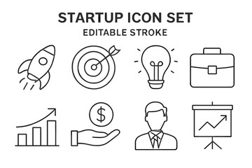 Poster - Startup Business Icon Set. Thin Line Editable Stroke. Rocket Launch, Target, Light Bulb, Briefcase, Growth Chart, Money, Businessman, Presentation. Vector Illustration