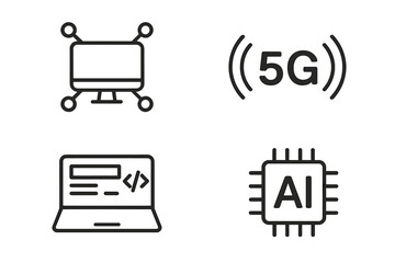 Fototapete - Modern Technology Line Icons Set. 5G Network, Artificial Intelligence Chip, Computer Coding, Web Design, Digital Communication, IT System, Wireless Connectivity, Minimal Vector Illustration
