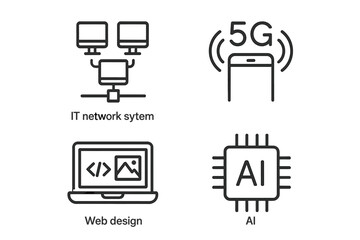 Fototapete - Modern Technology Line Icons Set. IT Network System, 5G Mobile Communication, Artificial Intelligence Chip, Web Design Symbols. Digital Devices, Computer, Wireless, Coding, Minimal Vector Illustration