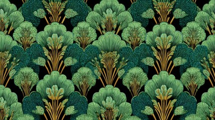 Poster - Art Deco Pattern Featuring Stylized Pears and Leaves With an Open Top Zone in Rich Green Hues Against a Dark Background