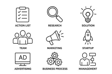 Leinwandbilder - Business solution icon set. Web, mobile app. Action list. Research. Solution. Team. Marketing. Startup. Advertising. Business process. Management. Thin line vector signs.
