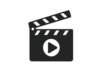 Poster - Black clapperboard icon with play button in flat style. Movie clapper for film production. Video slate board symbol for cinema. Vector illustration isolated on background.