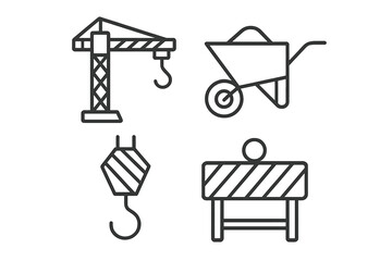 Leinwandbilder - Construction icon set in thin line style. Vector illustration of a tower crane, wheelbarrow, hoist hook, and road barrier symbol for building and website design concept.
