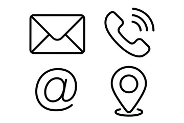Leinwandbilder - Contact us icon set for business communication. Thin line style vector symbols. Mail envelope, phone call, e-mail address and location pin pictogram signs for website design.
