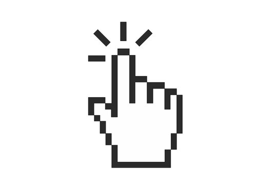 Computer mouse click cursor. Pointer click hand symbol. Clicking finger pixel art icon. Technology user interface element. Select choice press button. Digital technology concept.